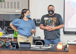 Julia Conner and Joe Hopkins present to a Galion High School class