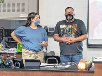 Julia Conner and Joe Hopkins present to a Galion High School class