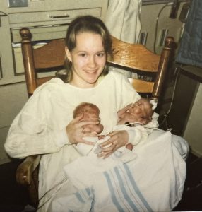Dawn holding her twins for the first time.