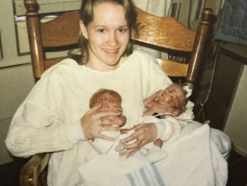 Dawn holding her twins for the first time.