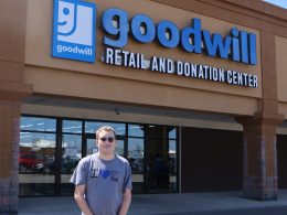 Sean Sullivan stands in front of the Goodwill building where he works